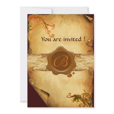 MAGIC SWIRLS PARCHMENT AND BROWN WAX SEAL MONOGRAM Invitations