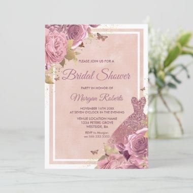 Magical Blush Pink Dress & Flowers Bridal Shower Invitations