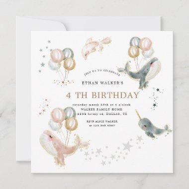 Magical whales and balloons Birthday Invitations