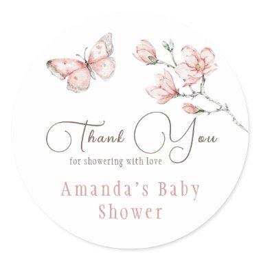 Magnolia Blush Pink Butterfly Baby Shower Favor Classic Round Sticker