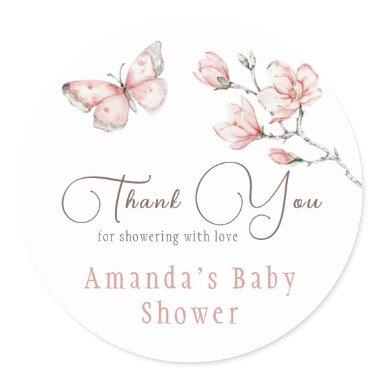 Magnolia Blush Pink Butterfly Baby Shower Favor Classic Round Sticker