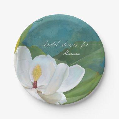 Magnolia Flower Blossom Bridal Shower Modern Blue Paper Plates