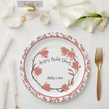 Magnolia Flowers in Coral Bridal Shower Paper Plates