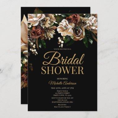 Magnolia Gold and Black Floral Bridal Shower Invitations