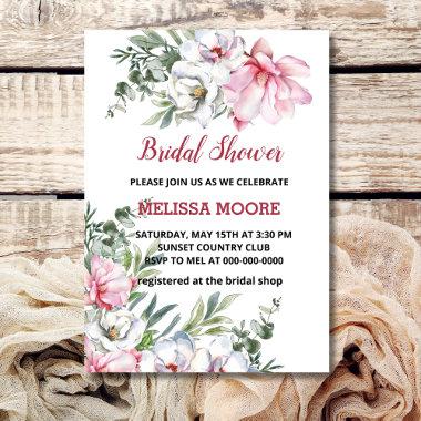 Magnolia Pink White Flower Bridal Shower Invitations