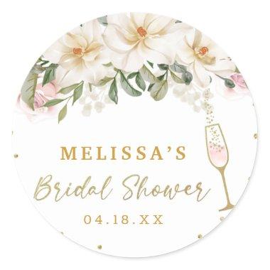Magnolia Watercolor Champagne Glass Bridal Shower Classic Round Sticker