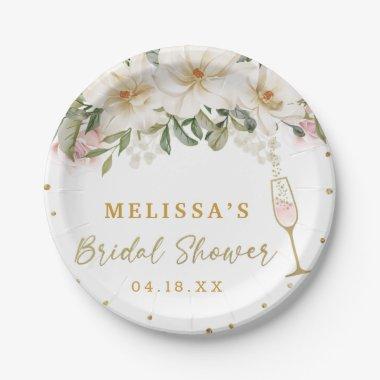 Magnolia Watercolor Champagne Glass Bridal Shower Paper Plates