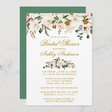 Magnolias Roses Gold Green Elegant Bridal Shower Invitations