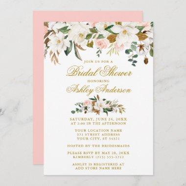 Magnolias Roses Gold Pink Elegant Bridal Shower Invitations
