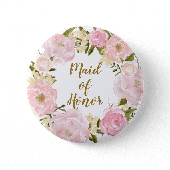 Maid of Honor Blush Pink Floral Round Badge Button