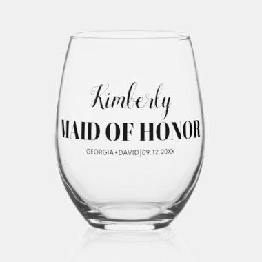 Maid of honor name black typography wedding stemless wine glass