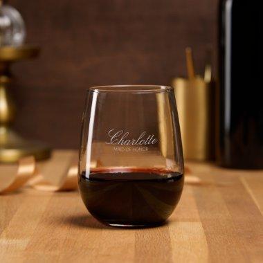 Maid Of Honor Personalized Name Elegant Wedding Stemless Wine Glass