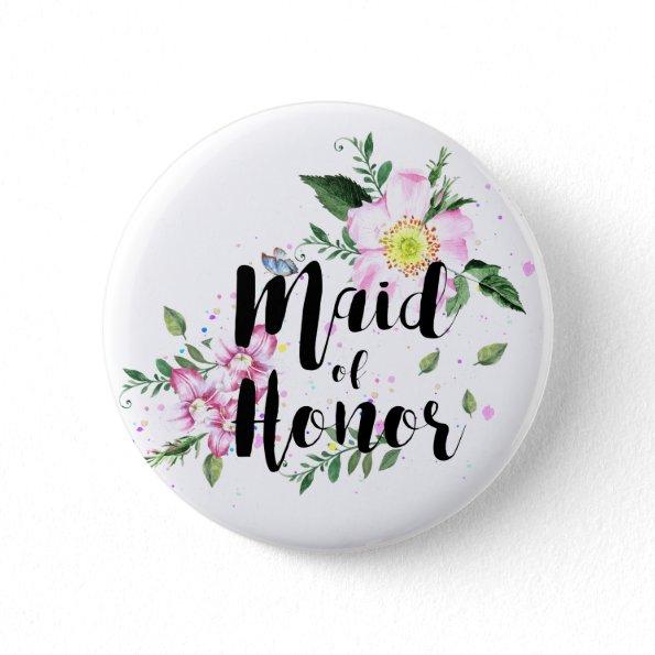 Maid of Honor Pink Floral Watercolor Wedding Pinback Button