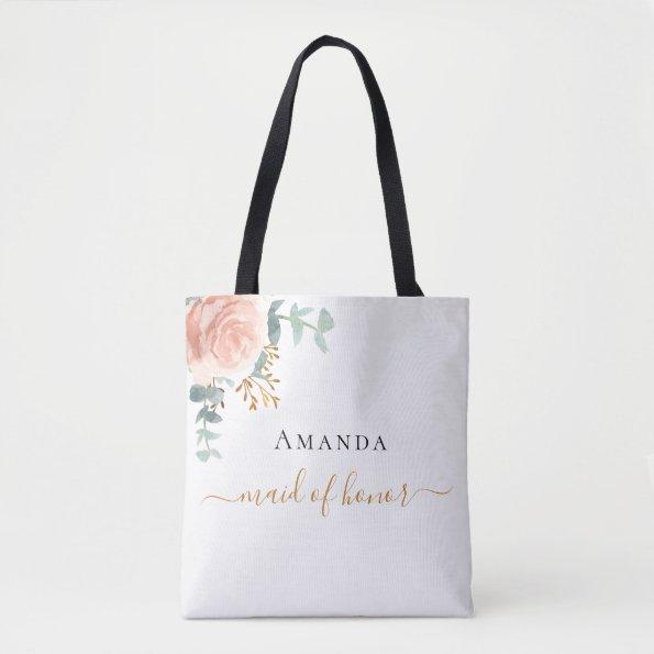 Maid of honor rose gold floral eucalyptus greenery tote bag