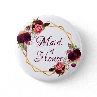 Maid of Honor watercolored florals burgundy gold Button