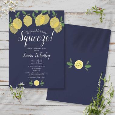 Main Squeeze Lemon Navy Blue Bridal Shower Invitations