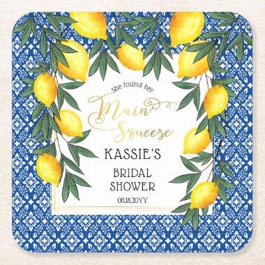 Main Squeeze Lemons Tropical Bridal Shower Square Paper Coaster