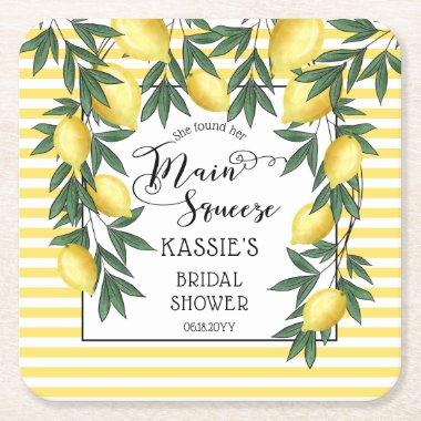 Main Squeeze Lemons Tropical Bridal Shower Square Square Paper Coaster