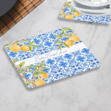 Main Squeeze Mediterranean Tiles Lemons Bridal Square Paper Coaster