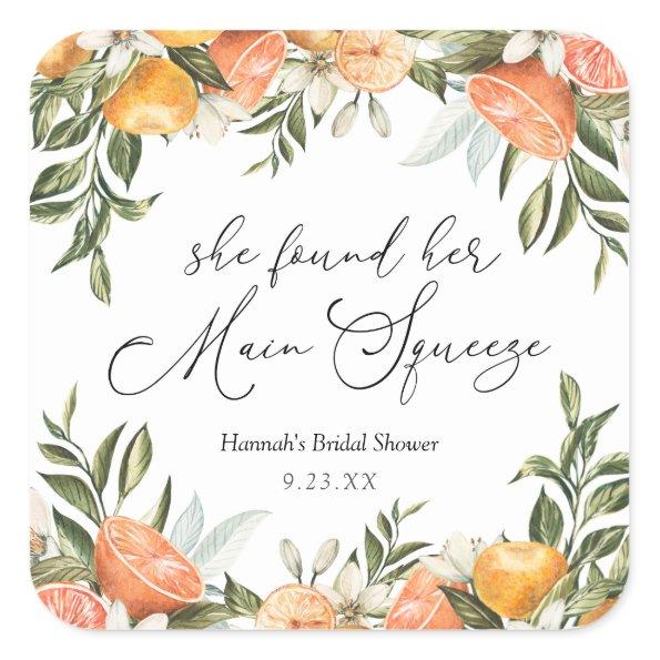 Main Squeeze Orange Bridal Shower Square Sticker