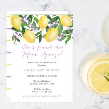 Main Squeeze Yellow Lemons Purple Bridal Shower Invitations
