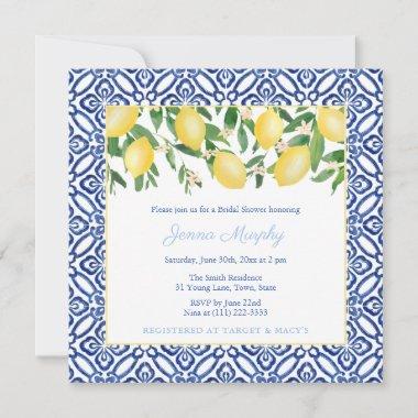 Majolica Lemons Blue & White Tiles Bridal Shower Invitations