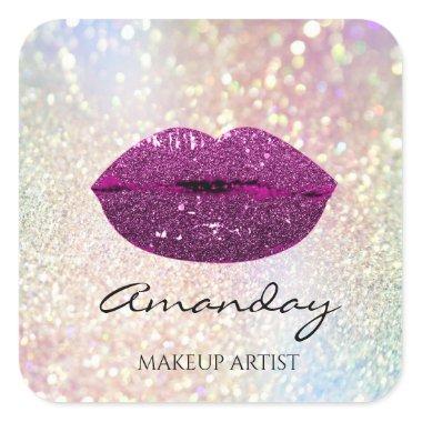 Makeup Artist Rose Lips Pink Berry Holographic Square Sticker