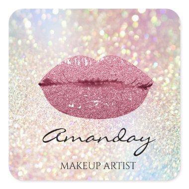 Makeup Artist Rose Lips Pink Rose Holographic Square Sticker