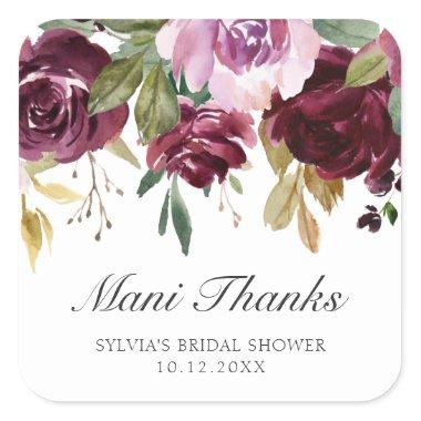 Mani Thanks Moody Plum Floral Bridal Shower Favor Square Sticker