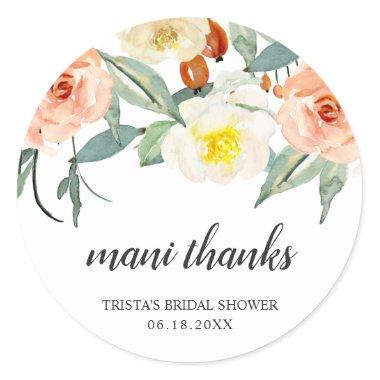 Mani Thanks Peach Floral Bridal Shower Favor Classic Round Sticker