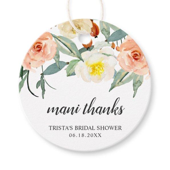 Mani Thanks Peach Watercolor Floral Bridal Shower Favor Tags