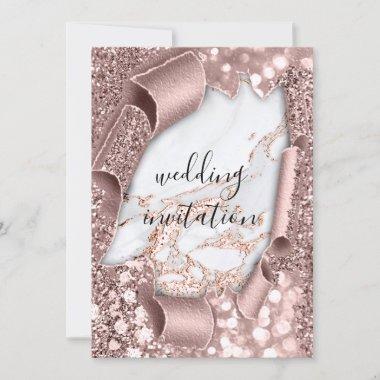 Marble 3D Rose Gold Wedding Glitter Invitations