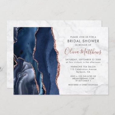 Marble Agate Blue Gold Glitter Bridal Shower Invitations