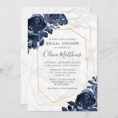 Marble Geometric Gold Blue Roses Bridal Shower Invitations