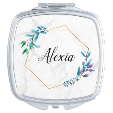 marble gold geometric floral foliage custom name compact mirror