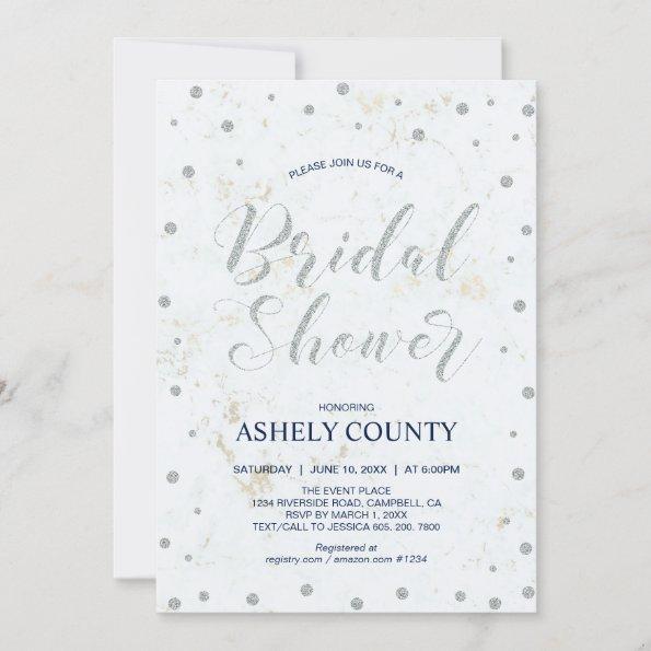Marble & Polka dot, Modern Silver Bridal Shower Invitations