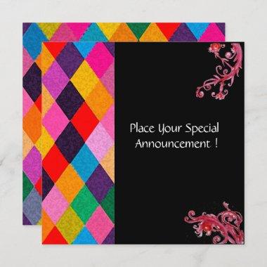 MARDI GRAS HARLEQUIN PATTERN Colorful Rhombi Invitations