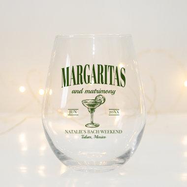 Margaritas And Matrimony Personalized Bachelorette Stemless Wine Glass