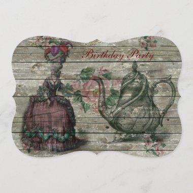 marie antoinette tea pot floral birthday party Invitations