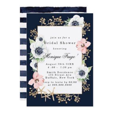 Marina Nautical Blooms Navy Blush Bridal Shower Invitations