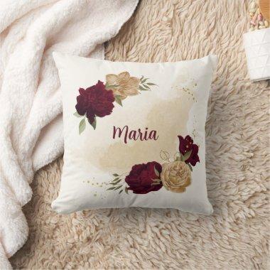 Maroon green beige gold botanical throw pillow