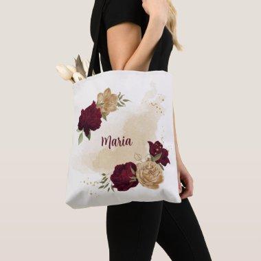 Maroon green beige gold botanical tote bag