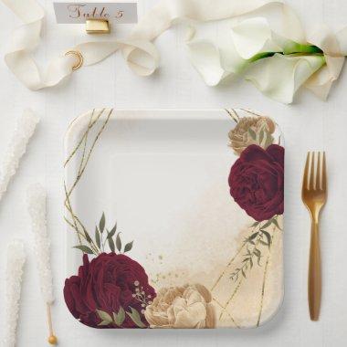 Maroon green beige gold botanical wedding paper plates