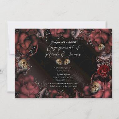 Maroon Red Rust Roses & Skulls Engagement Party Invitations