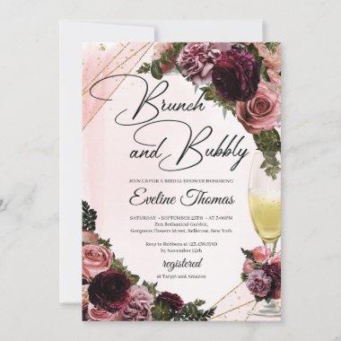 Maroon roses champagne glass brunch and bubbly Invitations