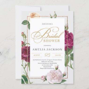 Marron floral blush pink roses bridal shower Invitations