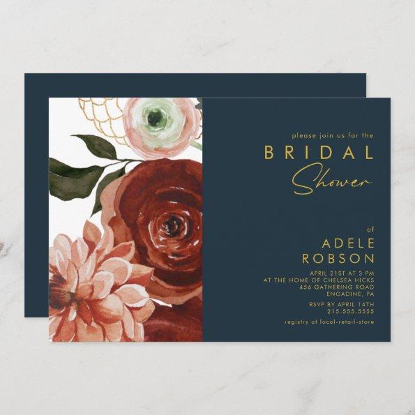 Marsala Autumn Floral | Navy Bridal Shower Invitations