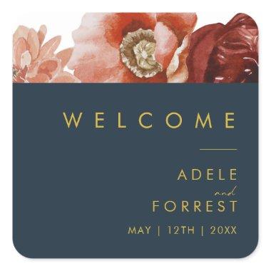Marsala Autumn Floral | Navy Wedding Welcome Square Sticker