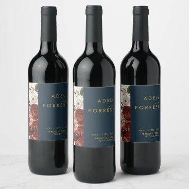 Marsala Autumn Floral | Navy Wedding Wine Label