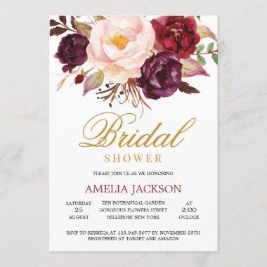 Marsala blush pink floral burgundy and gold bridal Invitations